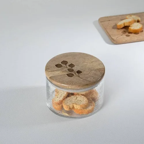 Leafy Twig Glass Jar Container With Wooden Lid-700 Ml view 3