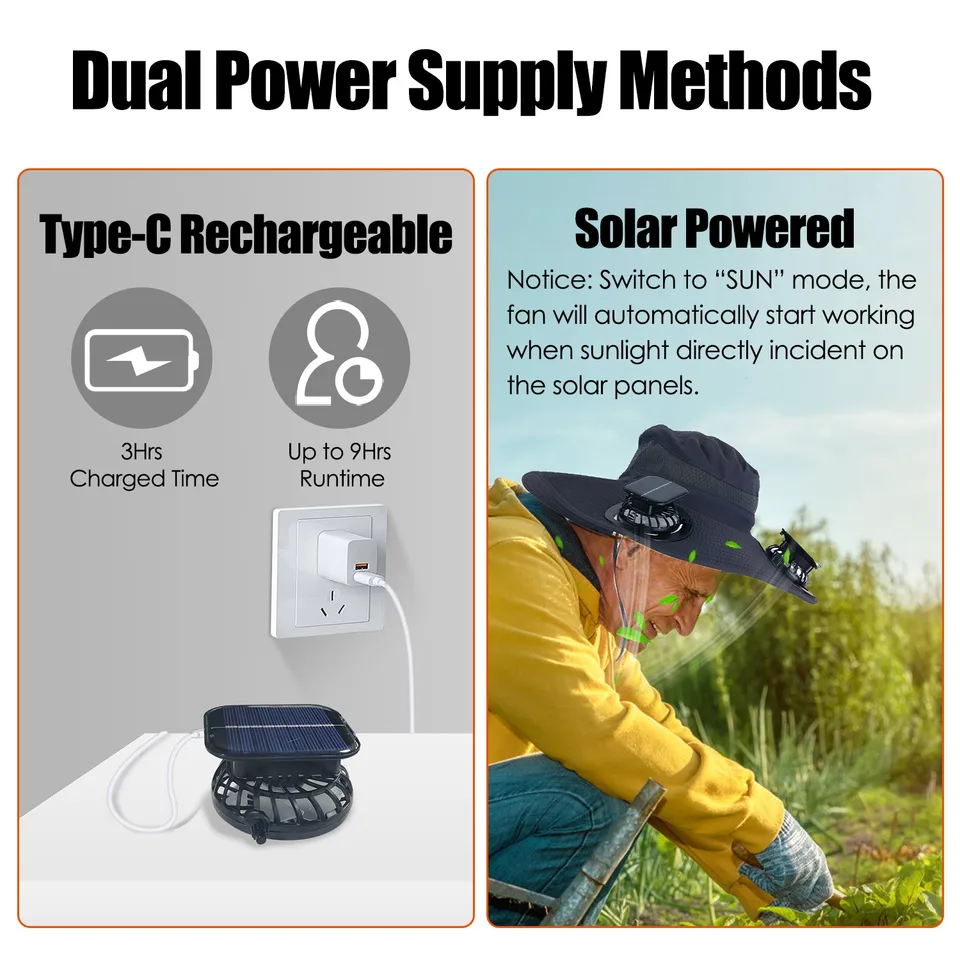 1Pc Outdoor Wide Brim Sun Hat With 2 Rechargeable Fans Solar Powered 3 Wind Speeds UPF50 Breathable Waterproof Nylon Mesh Outdoor Hat For Hiking Camping Hunting Fishing view 3