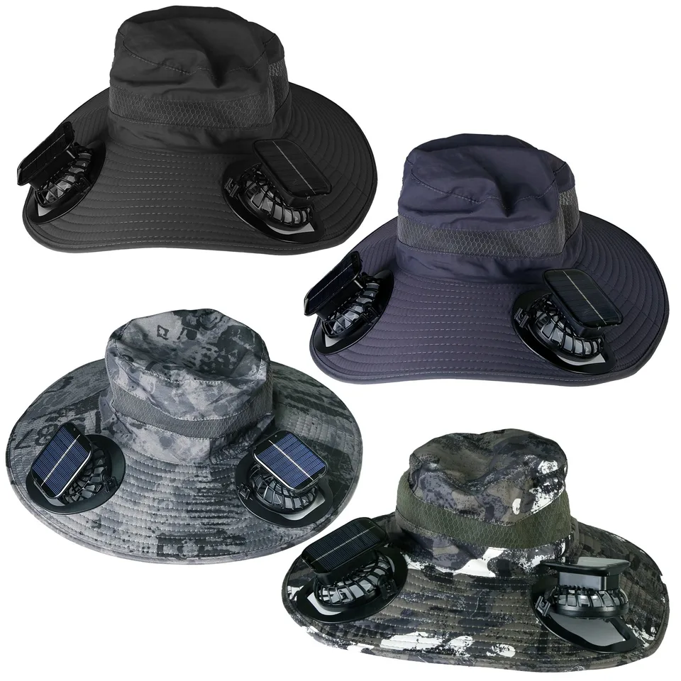 1Pc Outdoor Wide Brim Sun Hat With 2 Rechargeable Fans Solar Powered 3 Wind Speeds UPF50 Breathable Waterproof Nylon Mesh Outdoor Hat For Hiking Camping Hunting Fishing