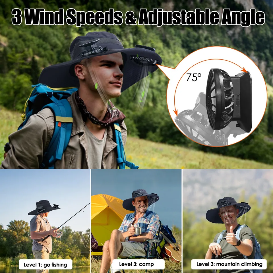 1Pc Outdoor Wide Brim Sun Hat With 2 Rechargeable Fans Solar Powered 3 Wind Speeds UPF50 Breathable Waterproof Nylon Mesh Outdoor Hat For Hiking Camping Hunting Fishing view 2