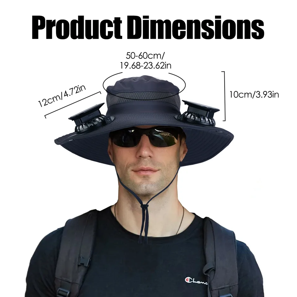 1Pc Outdoor Wide Brim Sun Hat With 2 Rechargeable Fans Solar Powered 3 Wind Speeds UPF50 Breathable Waterproof Nylon Mesh Outdoor Hat For Hiking Camping Hunting Fishing view 4