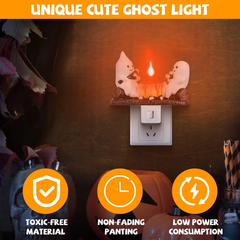 2Pcs Ghost Campfire Flickering Flame Night Light Indoor 3D Funny Halloween Nightlight Decoration Bedroom Night Light Halloween Decoration Gift For Friend Family view 2