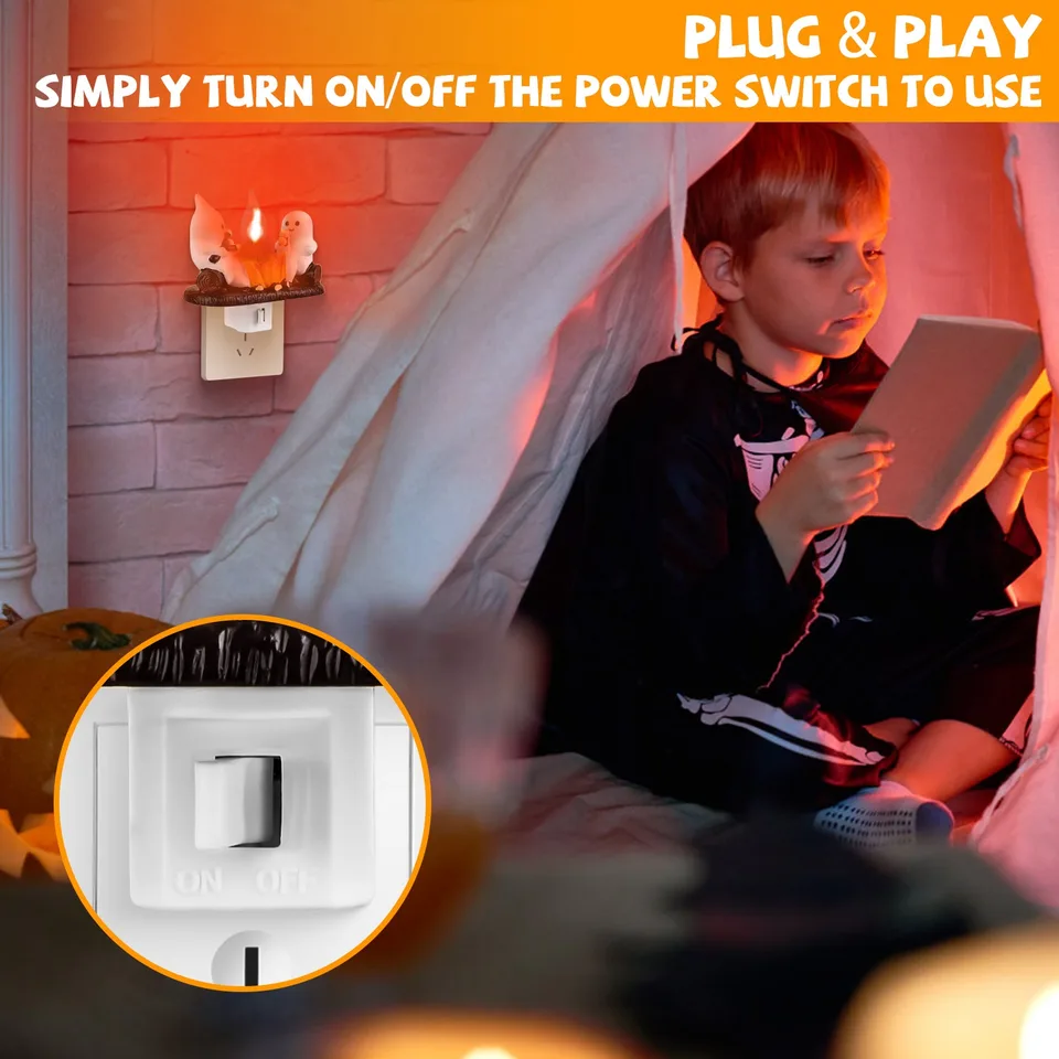 2Pcs Ghost Campfire Flickering Flame Night Light Indoor 3D Funny Halloween Nightlight Decoration Bedroom Night Light Halloween Decoration Gift For Friend Family view 4