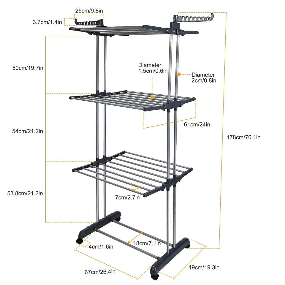 1 Pc Clothes Drying Rack Rolling Collapsible Laundry Dryer Hanger Stand Rail Shelve Wardrobe Clothing Drying Racks With Dual Side Wings view 3