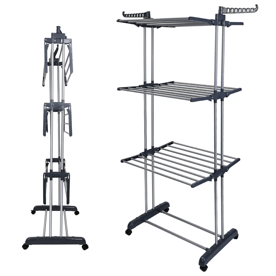 1 Pc Clothes Drying Rack Rolling Collapsible Laundry Dryer Hanger Stand Rail Shelve Wardrobe Clothing Drying Racks With Dual Side Wings view 2
