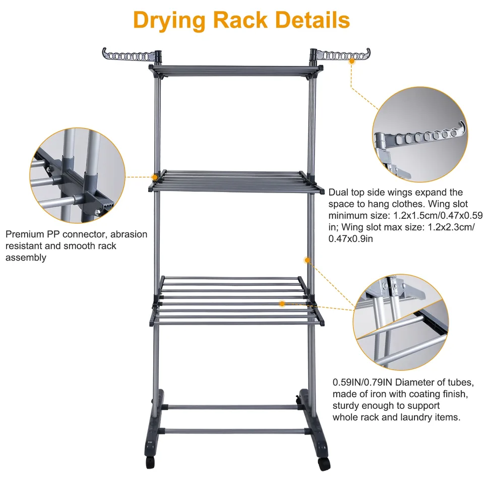 1 Pc Clothes Drying Rack Rolling Collapsible Laundry Dryer Hanger Stand Rail Shelve Wardrobe Clothing Drying Racks With Dual Side Wings view 4