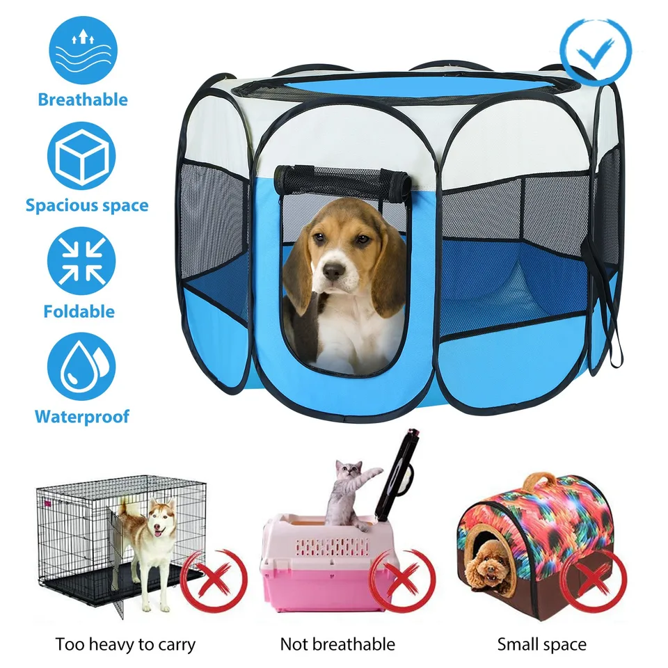 Pink-Blue Options -- 1 Pc Portable Foldable Pet Tent Exercise Pen Kennel Removable Zipper Top And Bottom Water Resistant Indoor Outdoor Use view 2