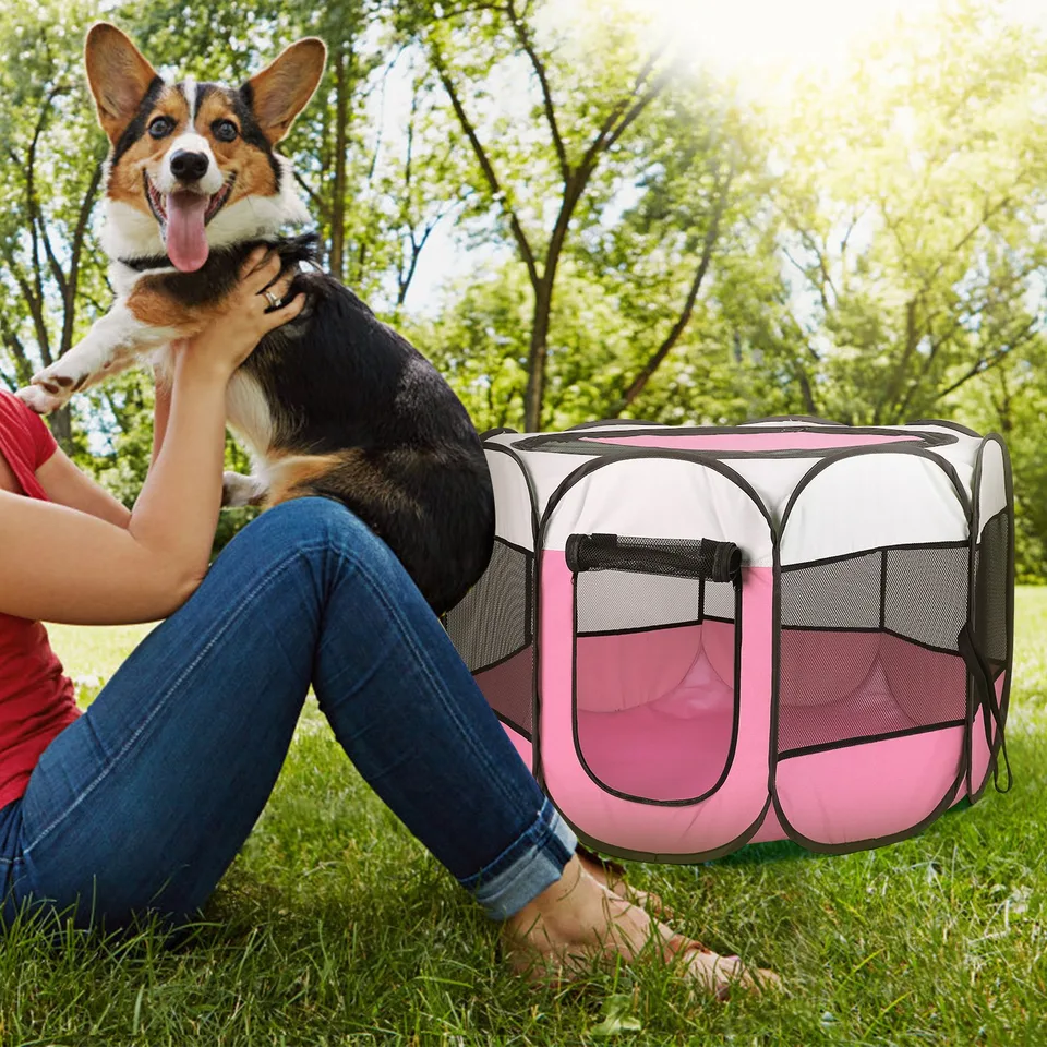 Pink-Blue Options -- 1 Pc Portable Foldable Pet Tent Exercise Pen Kennel Removable Zipper Top And Bottom Water Resistant Indoor Outdoor Use view 3