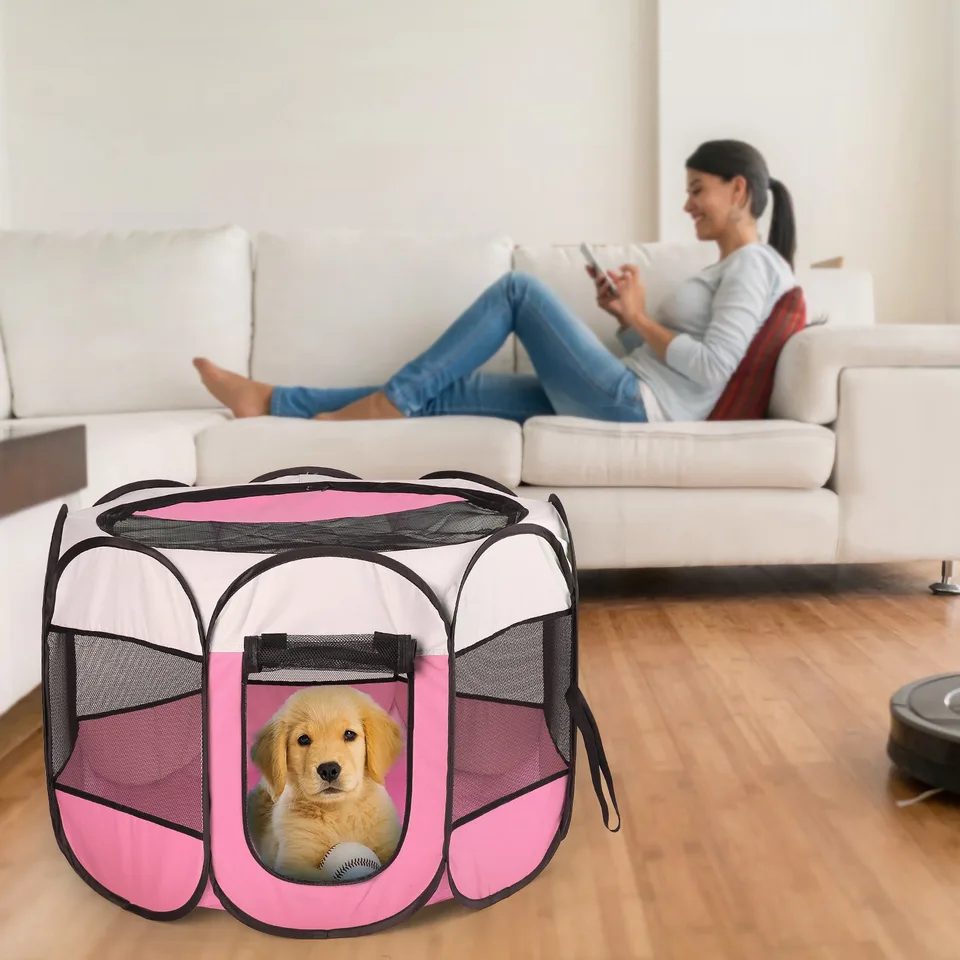 Pink-Blue Options -- 1 Pc Portable Foldable Pet Tent Exercise Pen Kennel Removable Zipper Top And Bottom Water Resistant Indoor Outdoor Use