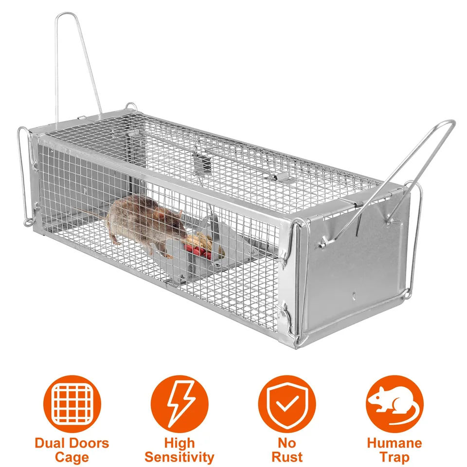 1 Pc Dual Door Rat Trap Cage Humane Live Rodent Dense Mesh Trap Cage Zinc Electroplating Mice Mouse Control Bait Catch With 2 Detachable U