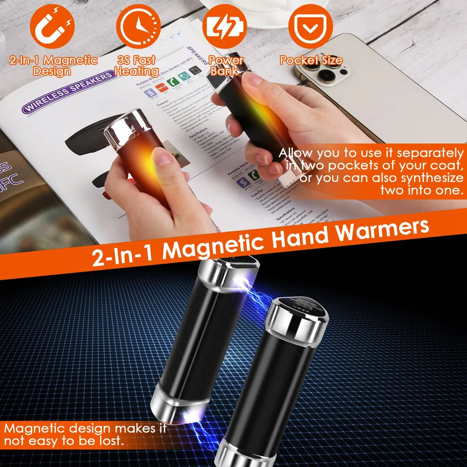 2 Packs Split-Magnetic Handwarmers 2 In 1 Portable Electric Pocket Heater Power Bank Portable Charger With 3 Heating Levels For Camping view 3