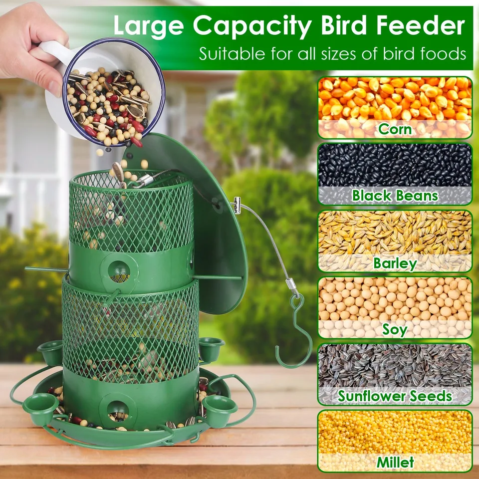 1Pc Wild Bird Feeder Squirrel-Proof Chew-Proof Metal Bird Seed Feeder Outdoor Hanging Bird Feeder With 360 Degree Circular Perches Water Cups For Yard Garden Patio Spring Summer view 4