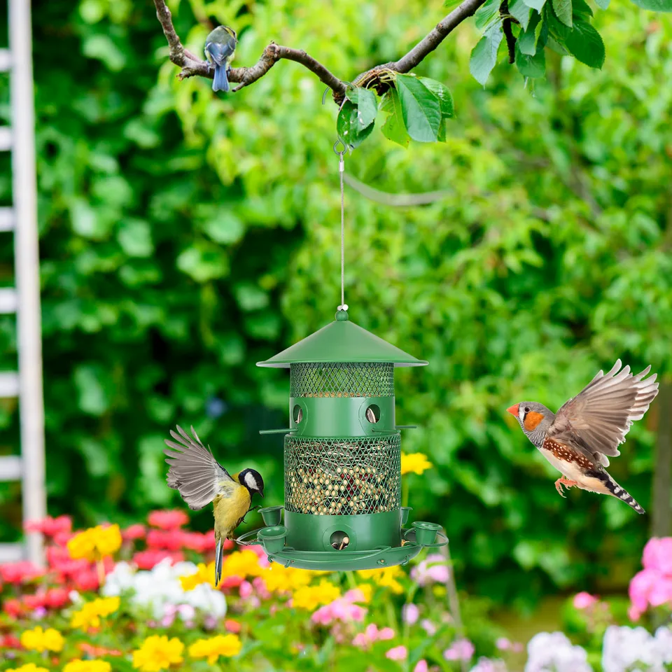1Pc Wild Bird Feeder Squirrel-Proof Chew-Proof Metal Bird Seed Feeder Outdoor Hanging Bird Feeder With 360 Degree Circular Perches Water Cups For Yard Garden Patio Spring Summer view 3