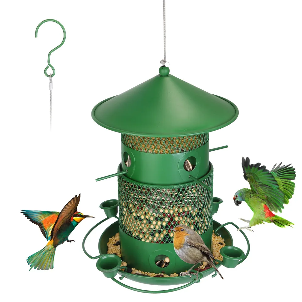 1Pc Wild Bird Feeder Squirrel-Proof Chew-Proof Metal Bird Seed Feeder Outdoor Hanging Bird Feeder With 360 Degree Circular Perches Water Cups For Yard Garden Patio Spring Summer view 2