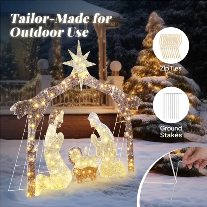 6ft Brown Roof 190LED Lights Nativity Scene Garden Jesus Decoration view 4