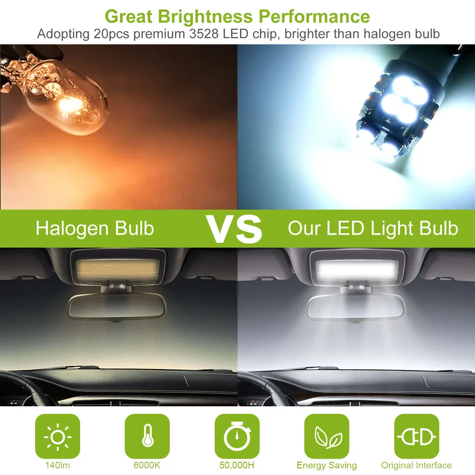 10 Pcs 12V T10 LED Light Bulb Wedge Base Interior Dome Map LED Lights License Plate Trunk Side Positioning Lights 6000K White view 4