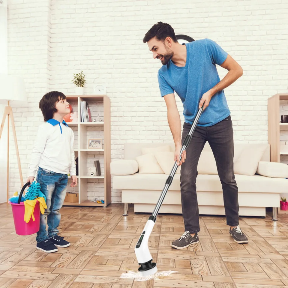 1Pc Electric Spin Scrubber Cordless Rechargeable Telescopic Cleaning Brush 8 Replaceable Heads 2 Speed Adjustable Extension Arm Bathroom Tub Tile Floor view 3