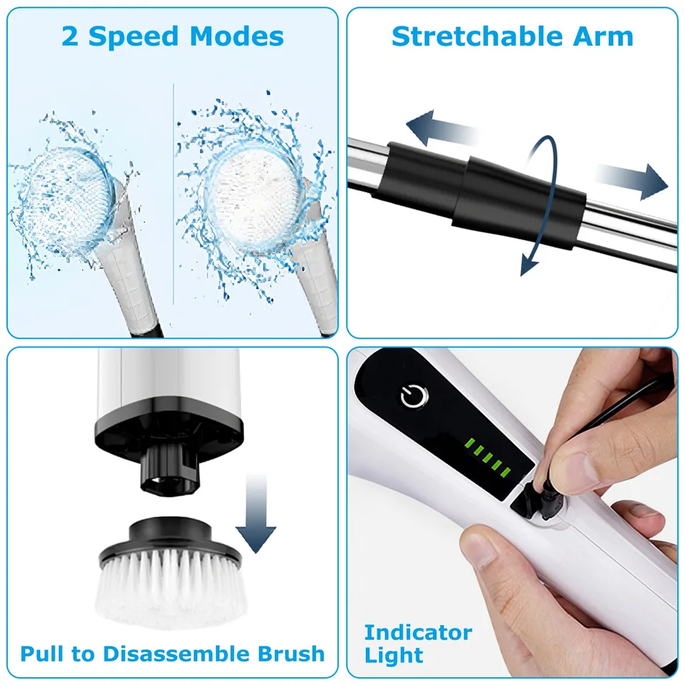 1Pc Electric Spin Scrubber Cordless Rechargeable Telescopic Cleaning Brush 8 Replaceable Heads 2 Speed Adjustable Extension Arm Bathroom Tub Tile Floor view 2