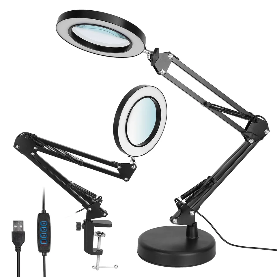 1Pack 2 In 1 LED Magnifier Desk Lamp 8x Magnifying Glass With Light Swing Arm Desk Table Light USB Reading Lamp With Clamp Stand 10 Brightness 3 Modes view 3