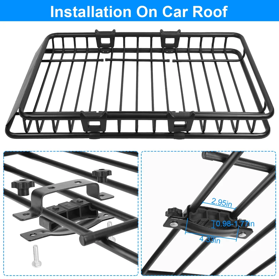 1Pc 63x39x6.3in Universal Roof Rack Cargo Carrier Car Top Luggage Holder Basket With Hook Strap Elastic Net view 4