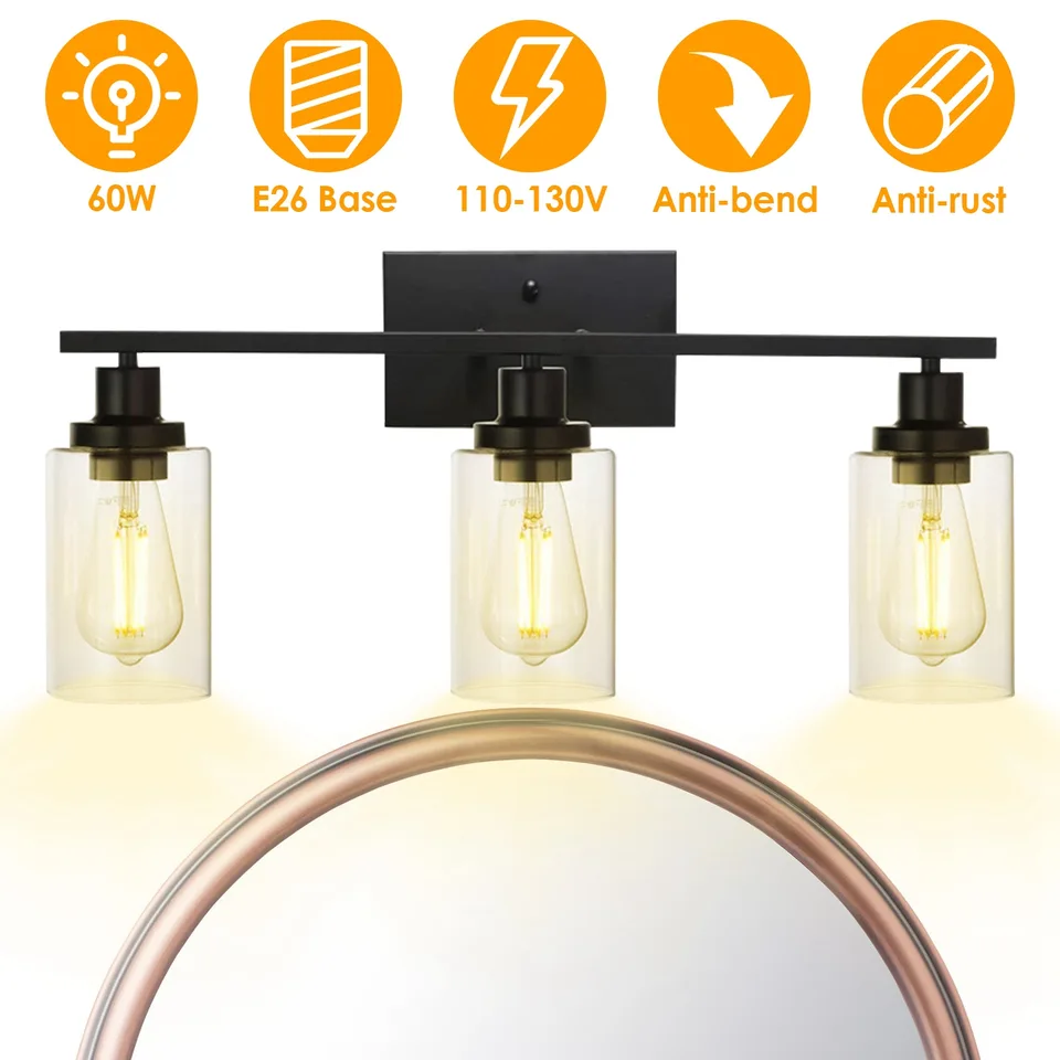 1Pc 3-Light Wall Sconce Lighting With Clear Glass Shade Bathroom Vanity Lamp Fixture Modern Mounted Light For Porch Mirror Living Room Bedroom Hallway