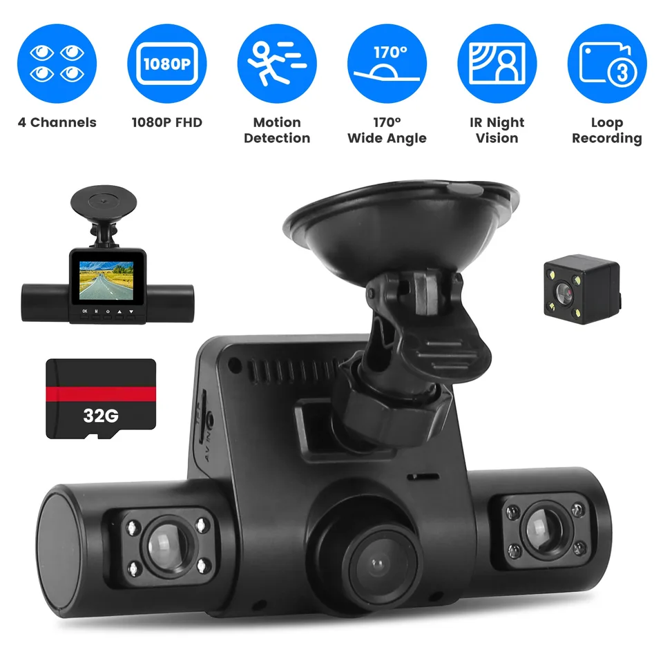 1Pc 360 Degree View FHD 4 Channel Dash Cam 1080P Front 480P Rear Left Right Inside Dash Camera With IR Night Vision Loop Recording Motion Detection Free 32GB MMC Card view 3