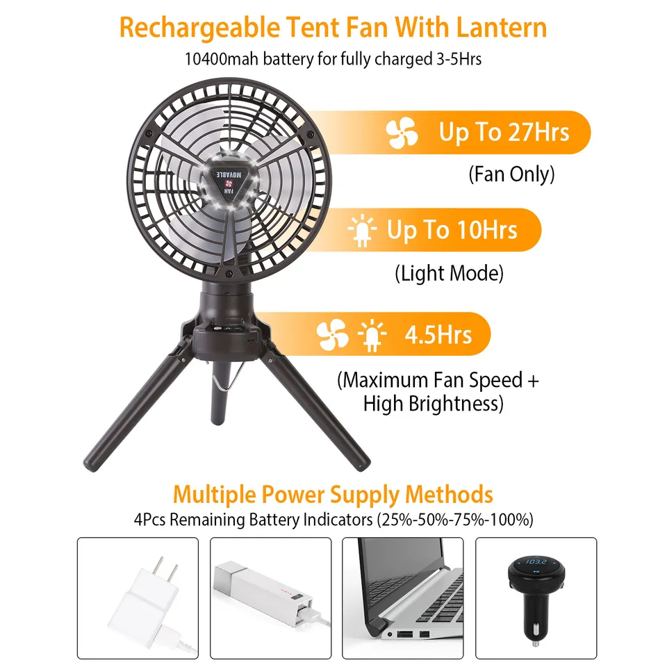 1 Pc 10400mah Portable Camping Fan With LED Light Rechargeable Tripod Tent Hanging Fan Lantern Portable Foldable Oscillating Table Fan With view 4