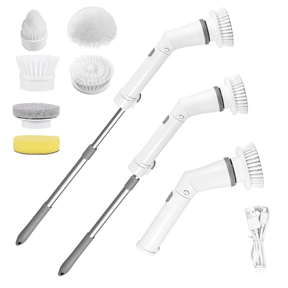 1Set Electric Spin Scrubber Cordless Rechargeable Telescopic Cleaning Brush 6 Replaceable Heads 2 Speed Adjustable Extension Arm Bathroom Tub Tile Floor view 4