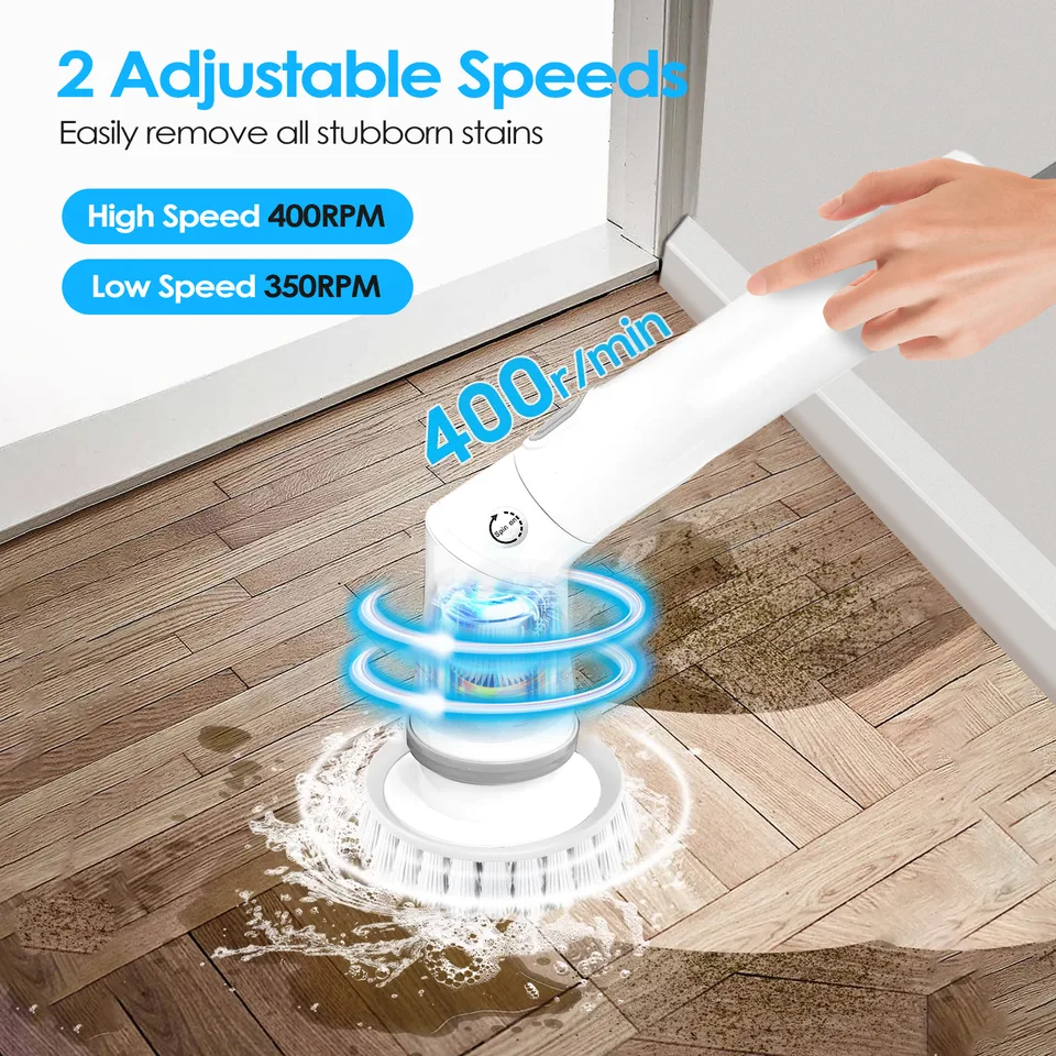 1Set Electric Spin Scrubber Cordless Rechargeable Telescopic Cleaning Brush 6 Replaceable Heads 2 Speed Adjustable Extension Arm Bathroom Tub Tile Floor view 3