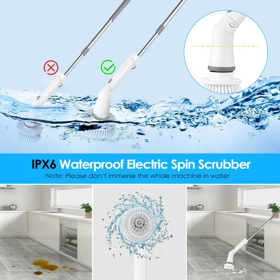1Set Electric Spin Scrubber Cordless Rechargeable Telescopic Cleaning Brush 6 Replaceable Heads 2 Speed Adjustable Extension Arm Bathroom Tub Tile Floor view 2