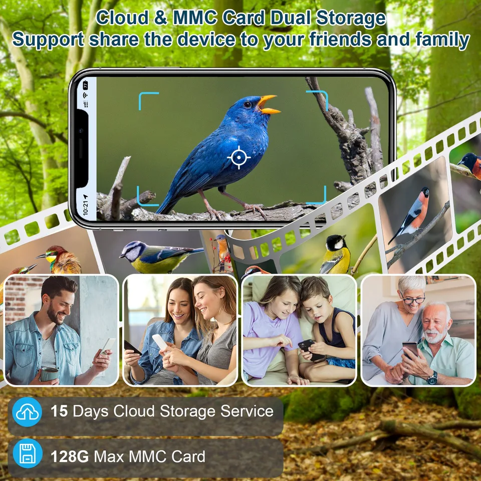Smart Bird Feeder With Solar Powered Camera 1080P HD AI Identify PIR Motion Auto Capture Video Cloud Card Storage WiFi Connection App Control IP65 Waterproof view 4