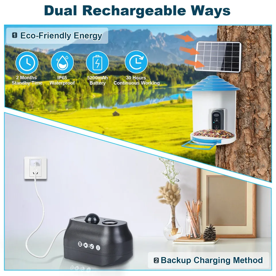 Smart Bird Feeder With Solar Powered Camera 1080P HD AI Identify PIR Motion Auto Capture Video Cloud Card Storage WiFi Connection App Control IP65 Waterproof view 2