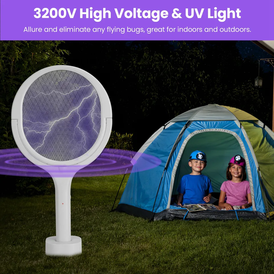 3 In 1 Electric Bug Zapper Racket 90Degree Rotating Bug Zapper Wand Indoor Outdoor Handheld Mosquito Swatter With Telescopic Extension Wand view 3