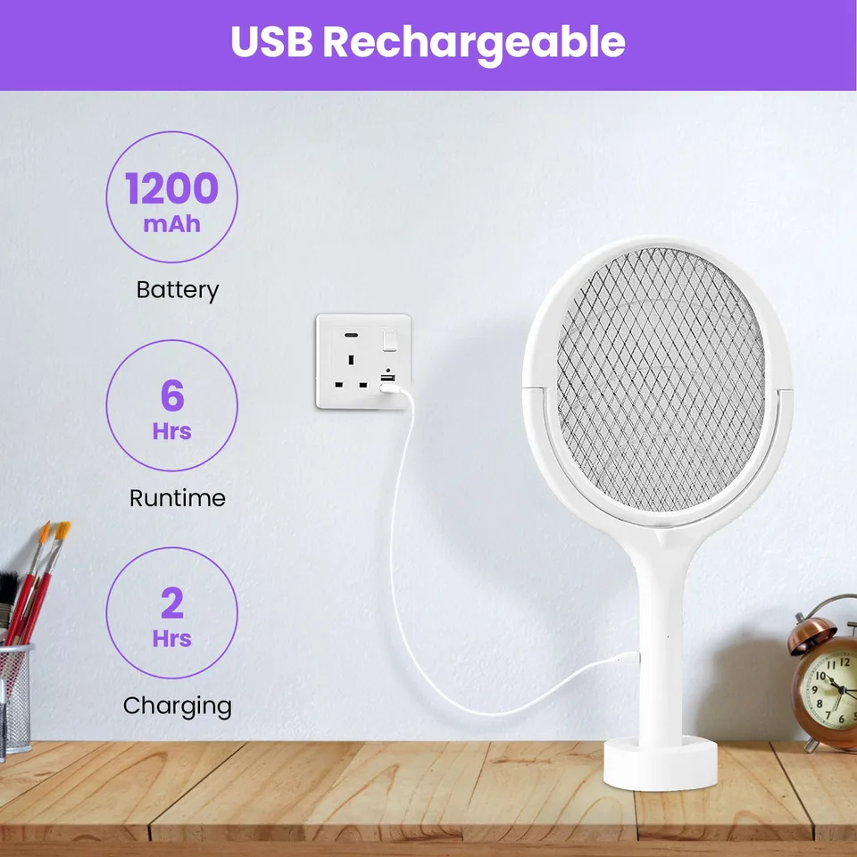3 In 1 Electric Bug Zapper Racket 90Degree Rotating Bug Zapper Wand Indoor Outdoor Handheld Mosquito Swatter With Telescopic Extension Wand view 4