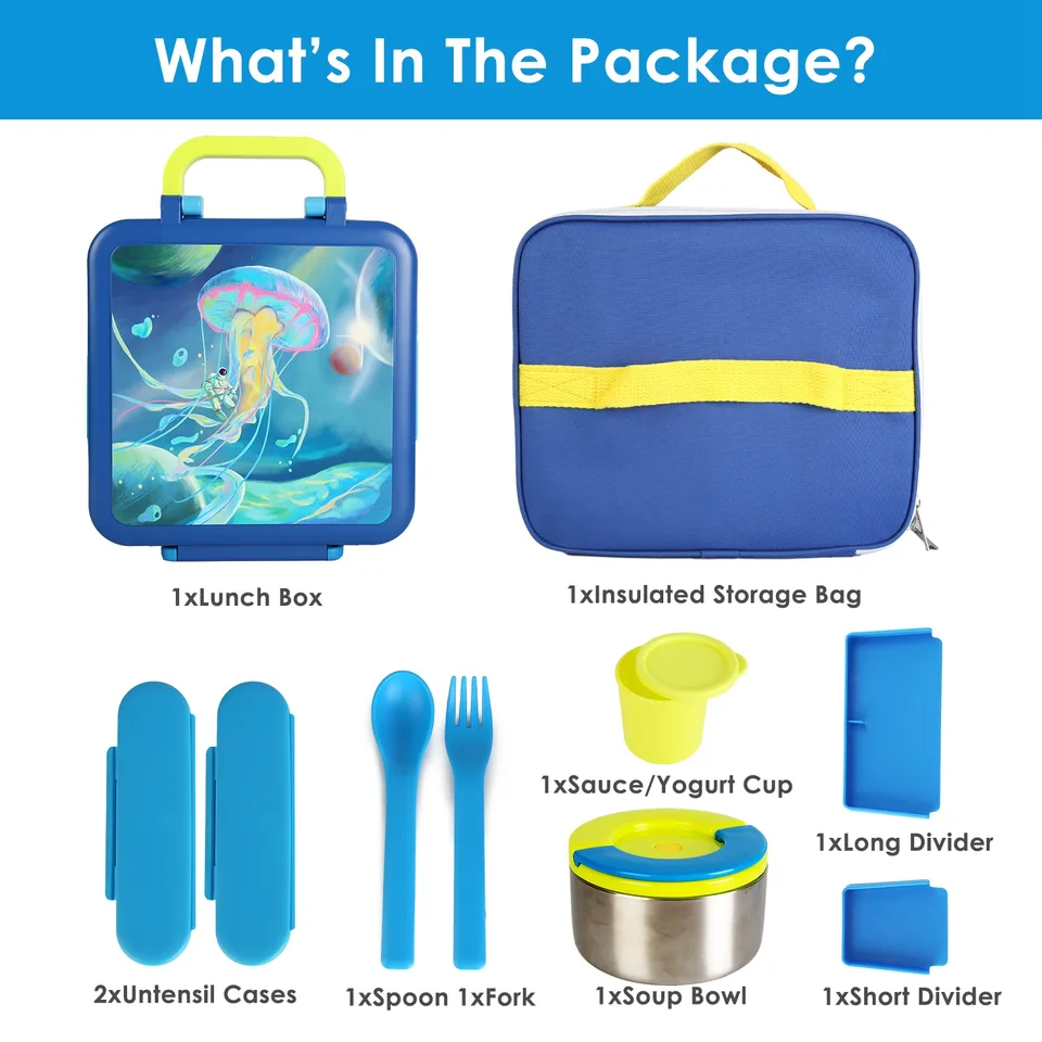 1 Pc Kids Lunch Box Thermal Lunch Container With Insulated Storage Bag 2 Compartments Spoon Fork Case Food Safe Spill Resistant view 3