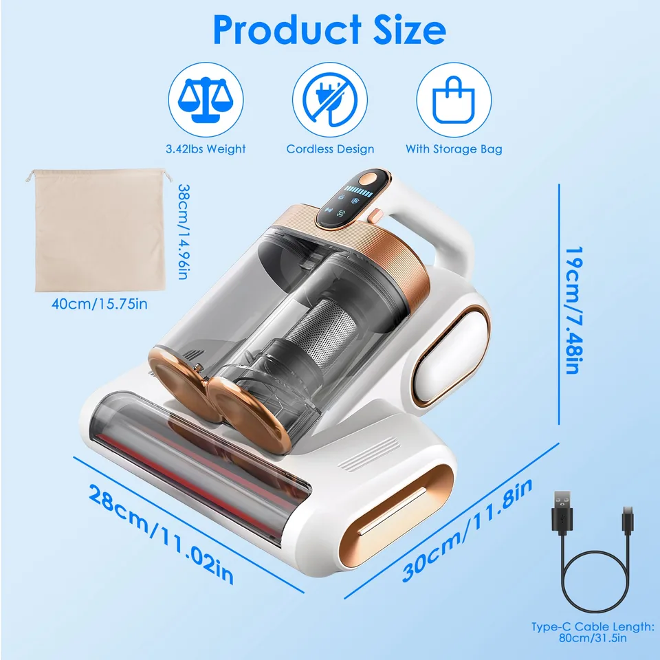 1 Pc Mattress Vacuum Cleaner 16 Kpa Bed Vacuum Cleaner Handheld Vacuums With Ultrasonic And UVC Light 18000 RPM Brushroll Rotation Dual Dust view 3