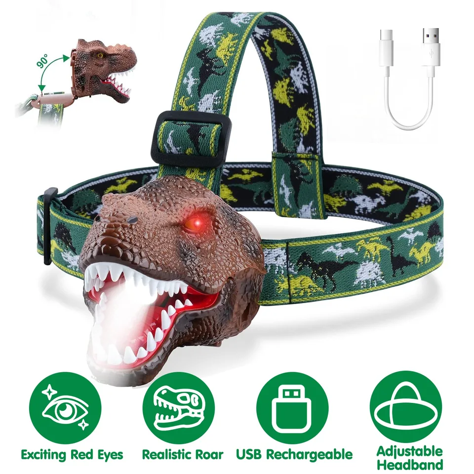 1Pc Dinosaur Headlamp Kids Headlight Dinosaur Flashlight With Realistic Roar Sound 4 Modes Adjustable Headband Kid Camping Gear Unique Gifts For Boys