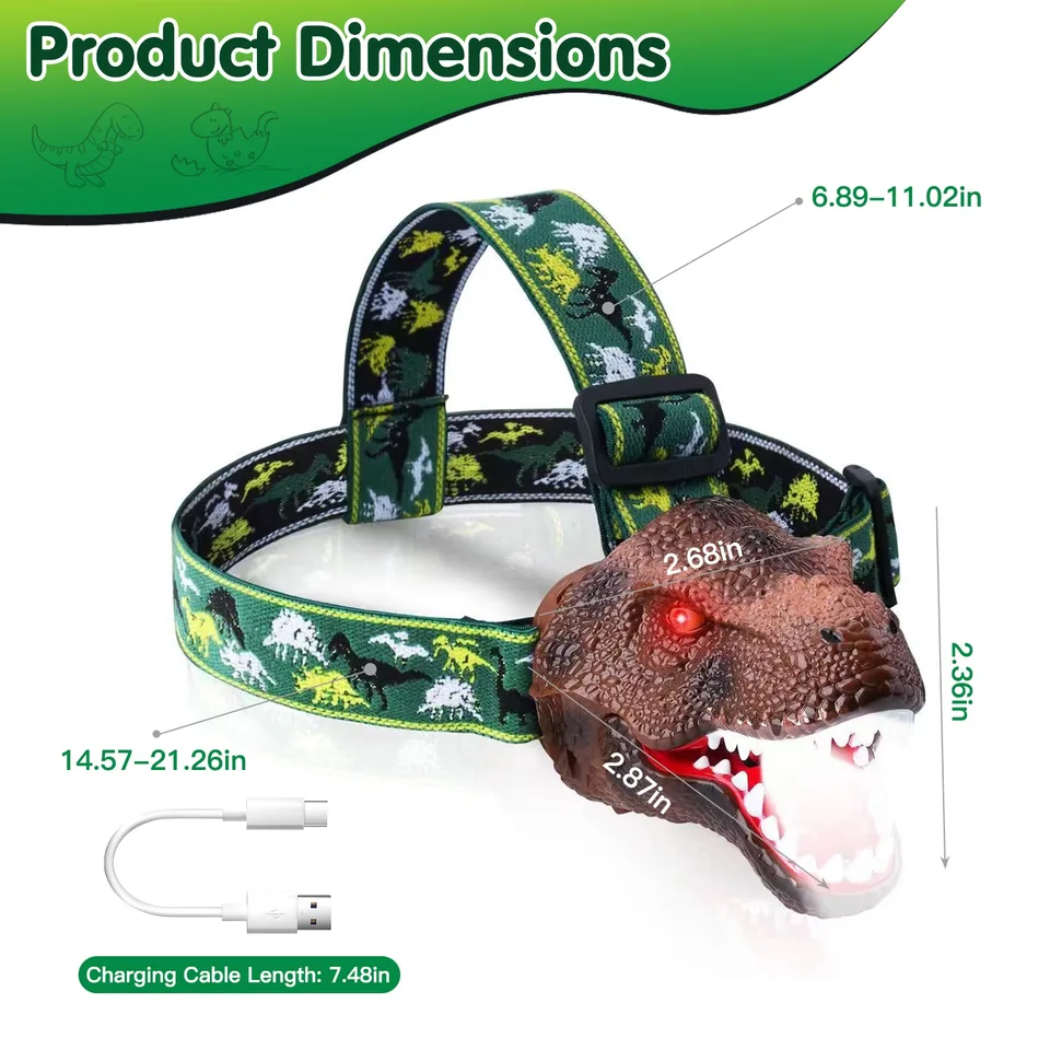 1Pc Dinosaur Headlamp Kids Headlight Dinosaur Flashlight With Realistic Roar Sound 4 Modes Adjustable Headband Kid Camping Gear Unique Gifts For Boys view 4