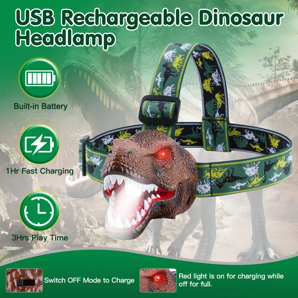 1Pc Dinosaur Headlamp Kids Headlight Dinosaur Flashlight With Realistic Roar Sound 4 Modes Adjustable Headband Kid Camping Gear Unique Gifts For Boys view 3