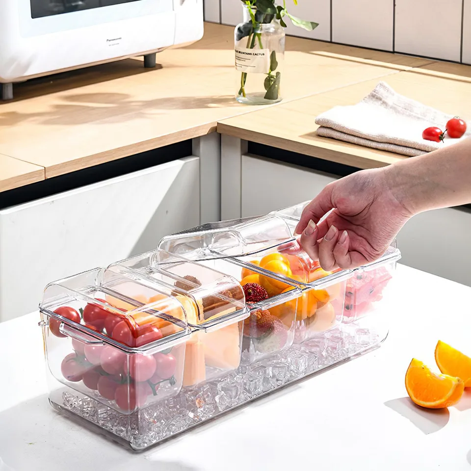 1 Set Ice Chilled Condiment Caddy Serving Tray Container Bar Garnish Holder Salad Platter Server Food Storage With 5 Removable Containers 5 view 2
