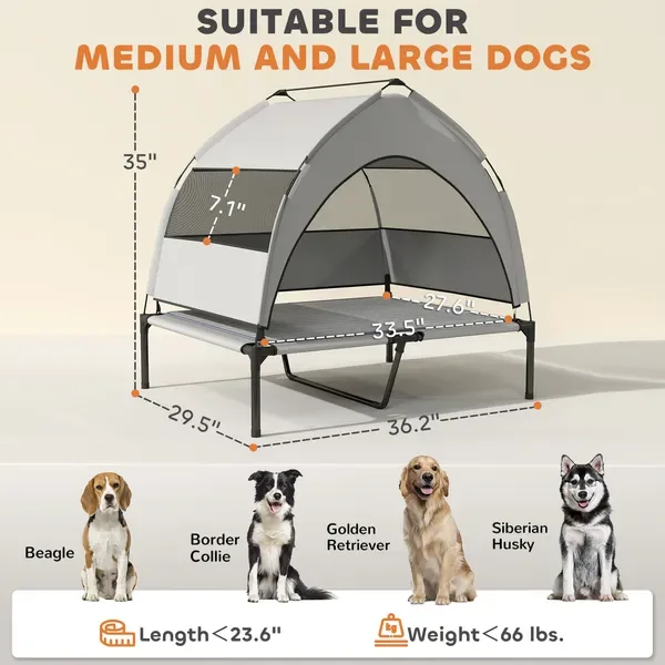 Elevated Dog Bed With Removable Canopy, Portable Outside Raised Pet Cot With Cooling Pad, Storage Bag view 2