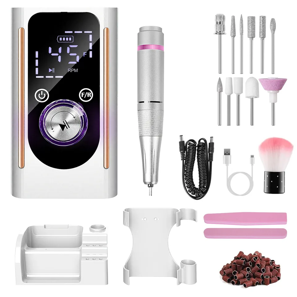 1 Set  Portable Electric Nail Drill Bit 45000 RPM With 11 Bits Base Waist Clip Cordless Rechargeable Nail File Machine For Professional Salon Home Acrylic Nails Remove Nail Gel Polish Manicure