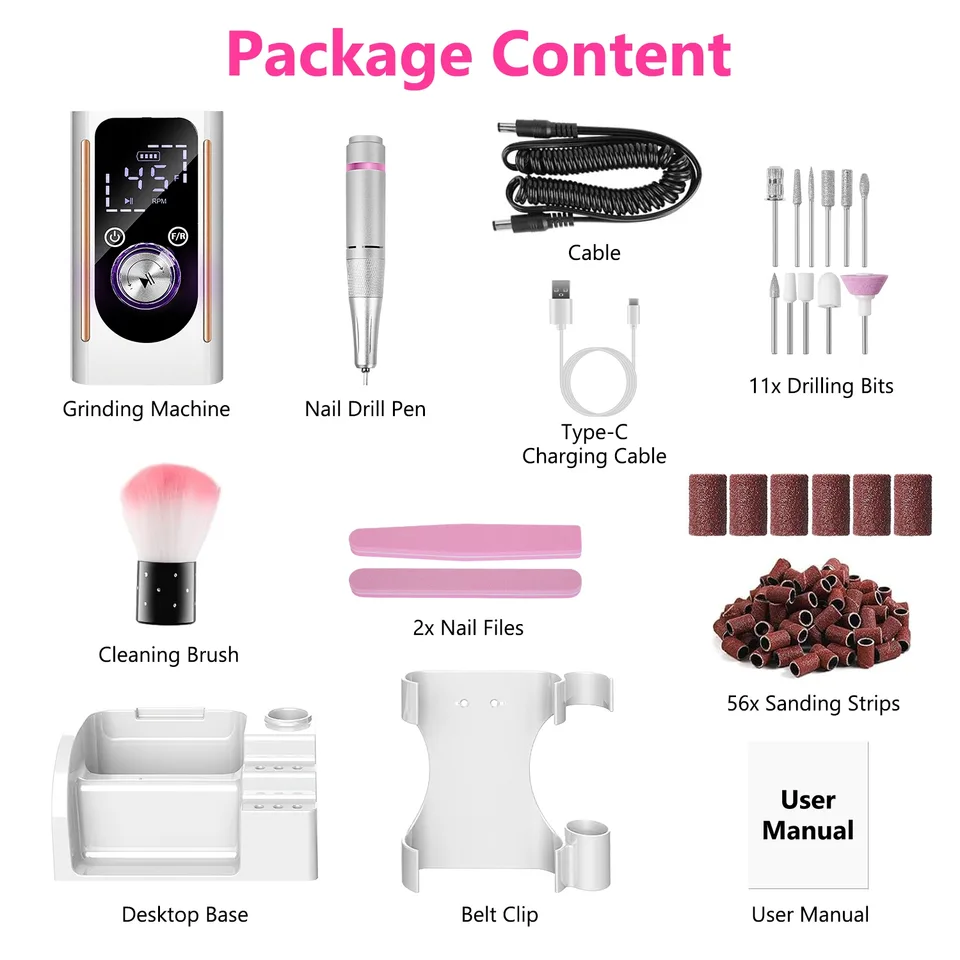 1 Set  Portable Electric Nail Drill Bit 45000 RPM With 11 Bits Base Waist Clip Cordless Rechargeable Nail File Machine For Professional Salon Home Acrylic Nails Remove Nail Gel Polish Manicure view 3