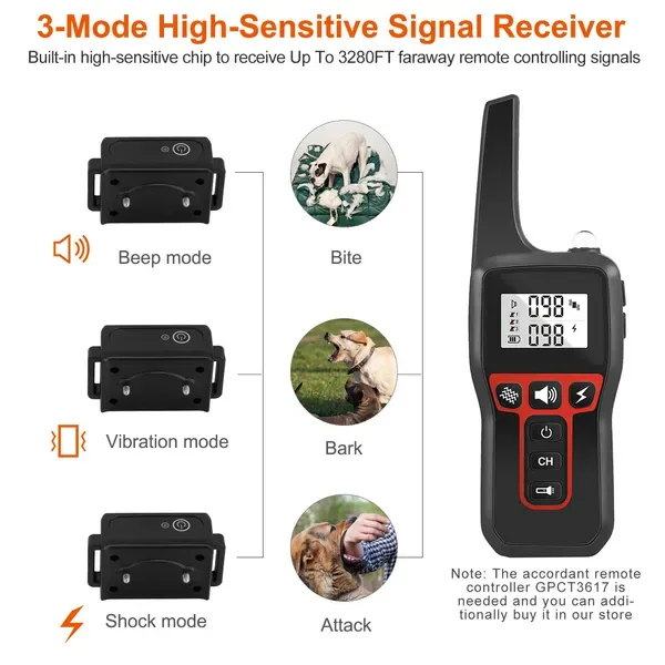 Dog Training Collar Receiver IP67 Waterproof Dog Bark Shock Vibration Beep Receiver Up To 3280ft view 4