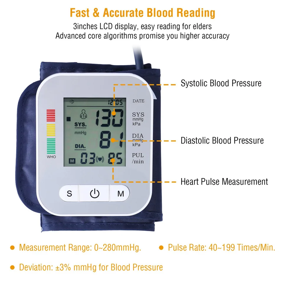1Pc Digital Arm Blood Pressure Monitor LCD Digital Heart Beat BP Gauge Health Test With Voice view 3