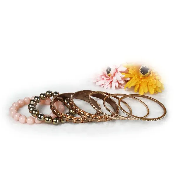 7-Piece Retro Burnished Gold Inlaid Rhinestones Bangle Bracelet Set view 3