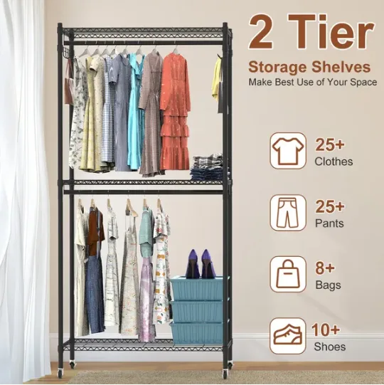 2 Tier Clothing Rack With Cover Portable Wardrobe Closet Covered Garment Rack With 4 Wheels 2 Hanging Rods 2 Hook Racks 35.43x17.13x72.44in view 3