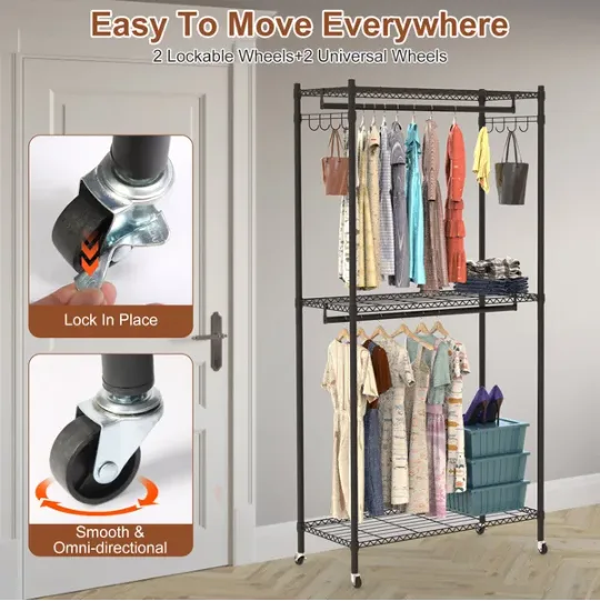 2 Tier Clothing Rack With Cover Portable Wardrobe Closet Covered Garment Rack With 4 Wheels 2 Hanging Rods 2 Hook Racks 35.43x17.13x72.44in view 4