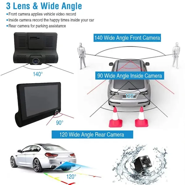 1296P Car DVR Dash Camera 4In 3 Lens Vehicle Driving Recorder Seamless Recording view 3