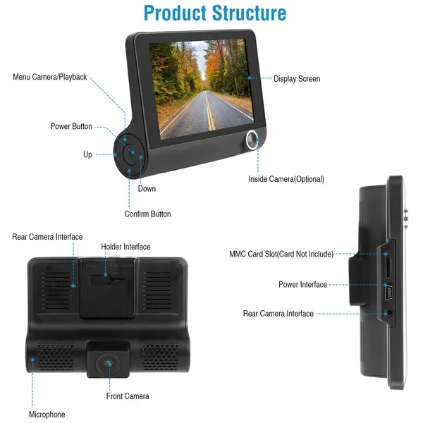 1296P Car DVR Dash Camera 4In 3 Lens Vehicle Driving Recorder Seamless Recording view 4
